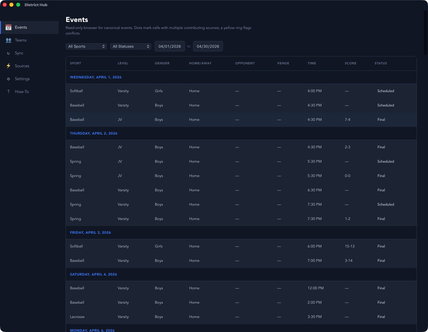 Events list grouped by date