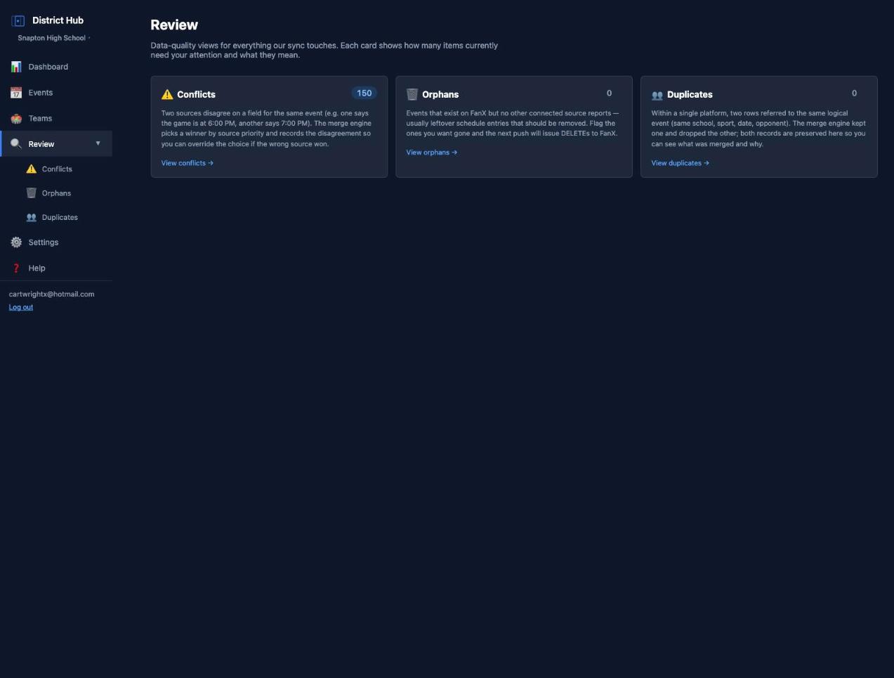 Review screen with conflicts, orphans, and duplicates counts