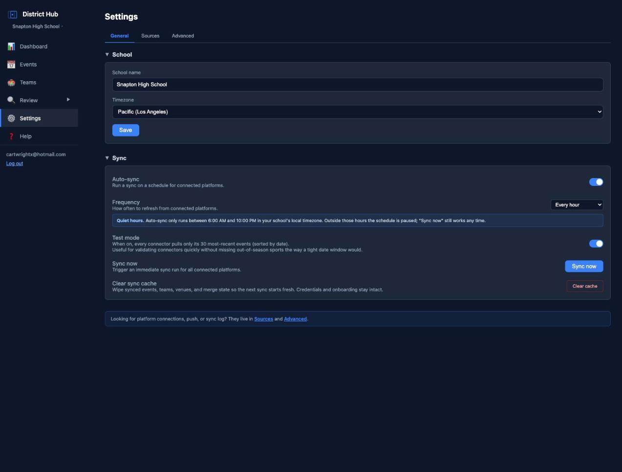 Settings screen with auto-sync, frequency, test mode, and sync now controls