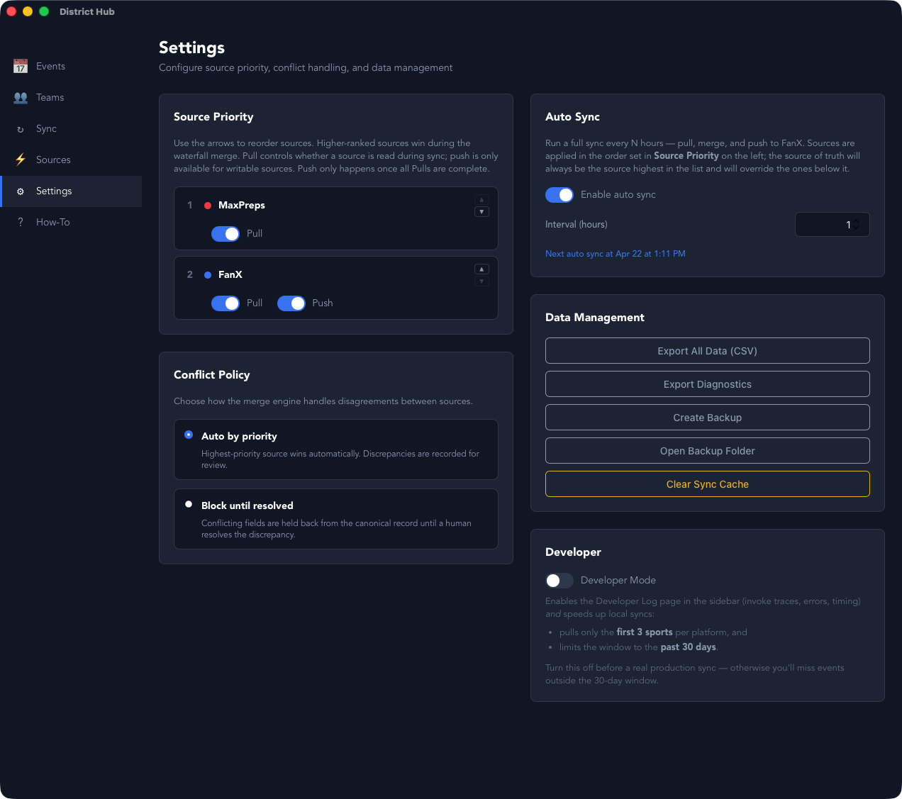 Settings with source priority, conflict policy, and auto sync
