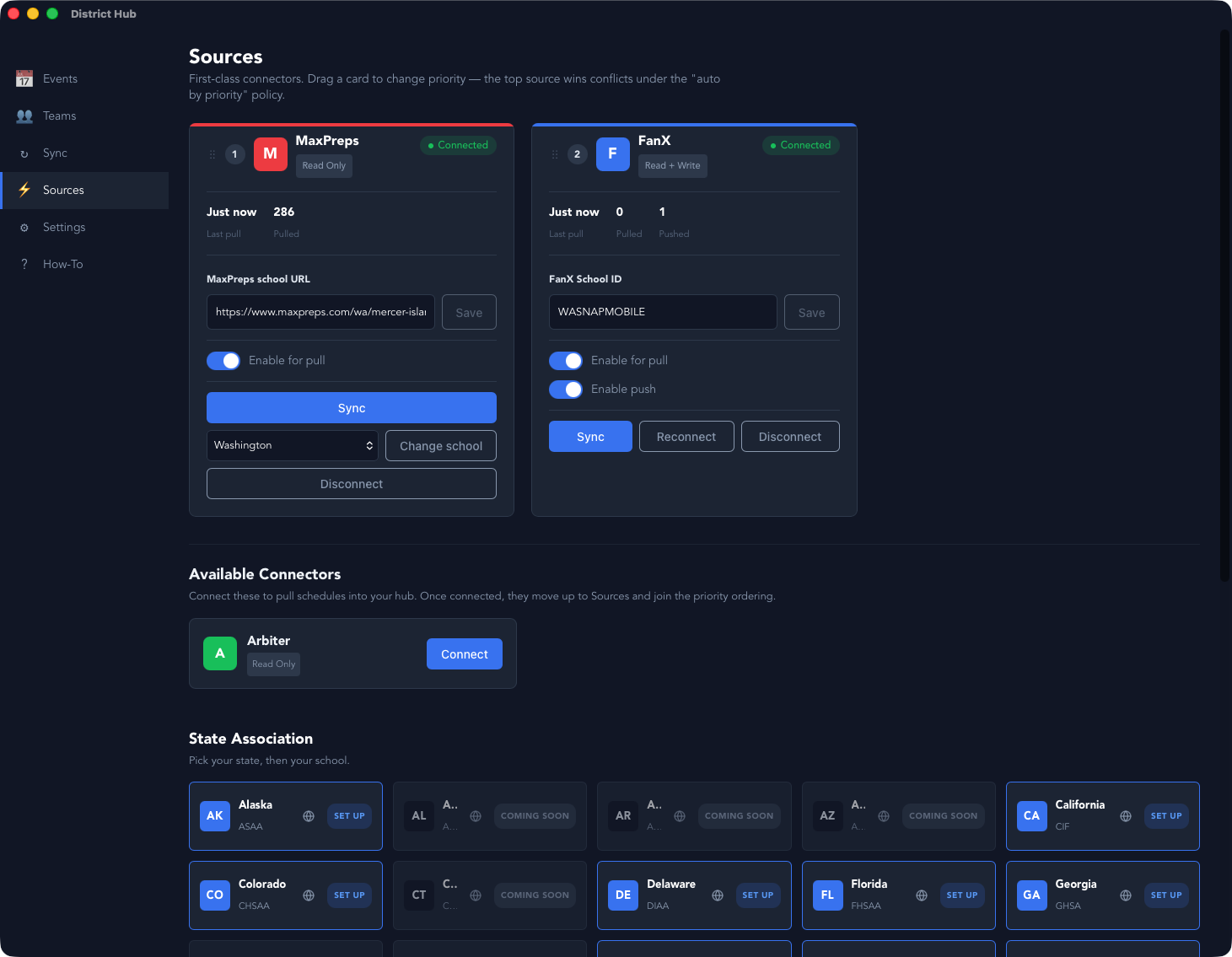 Sources screen with connected platforms and state associations