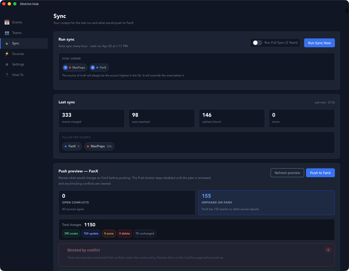 Sync center showing last run stats and push preview